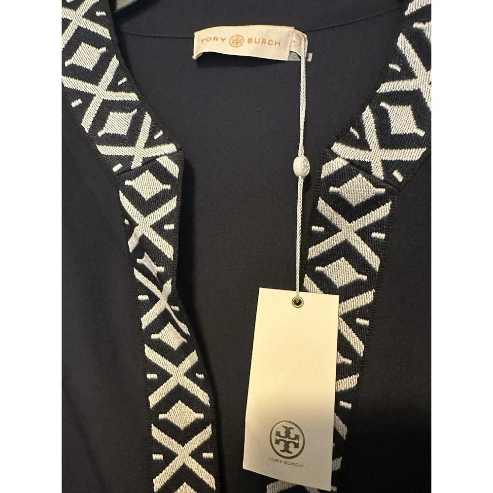 NWT $295 TORY BURCH Ariana‎ Tunic w/Taping 2 Navy Blue Caftan Resort Lightweight